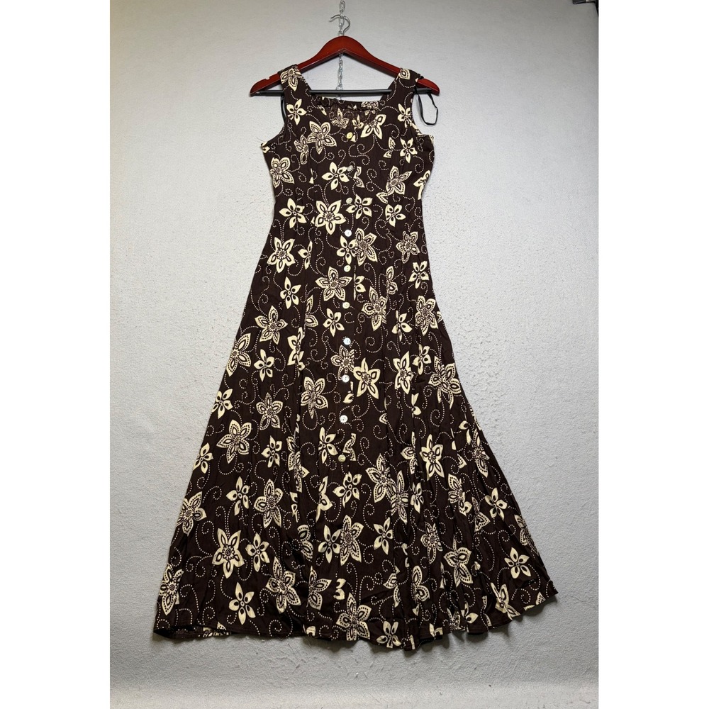 Dressbarn Maxi Dress Womens 4 Brown Floral Y2K Rayon Sleeveless Button Front